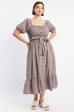 Red Check Midi Dress Short Sleeve Check Front Button Placket Light and Breezy Fashionable Look