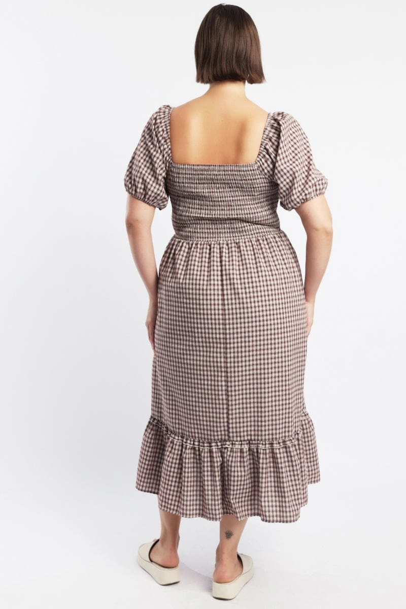 Red Check Midi Dress Short Sleeve Check Front Button Placket Ruched-Detail