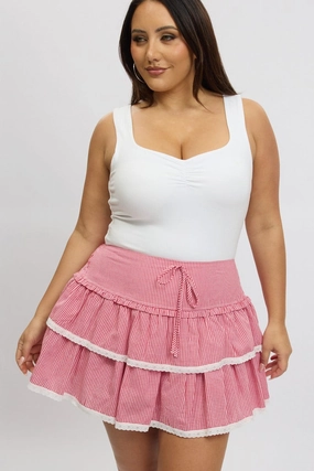 Red Check Ruffle Gingham Lace Trim Mini Skirt Versatile Fit