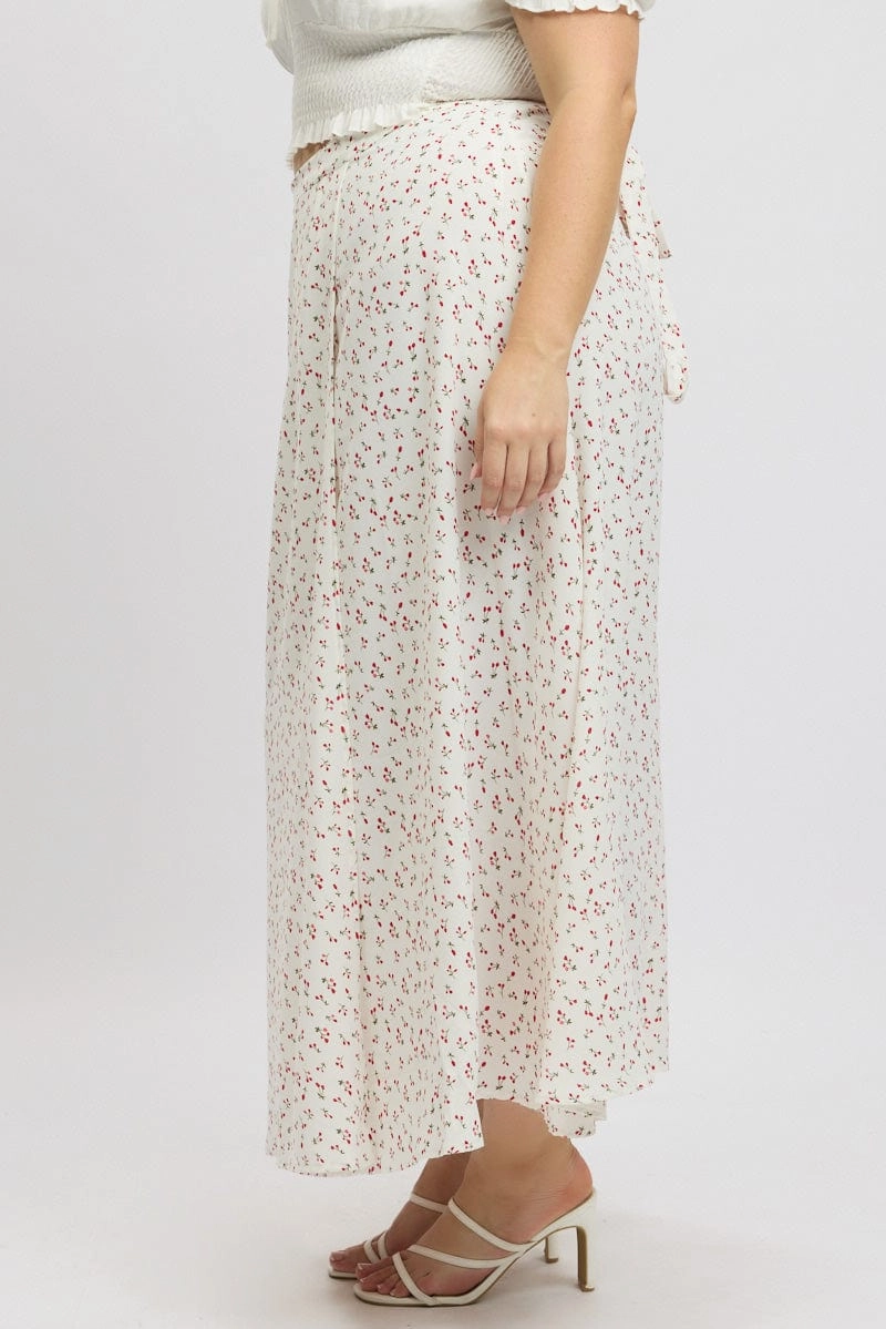 Red Ditsy Wrap Maxi Skirt slim fit
