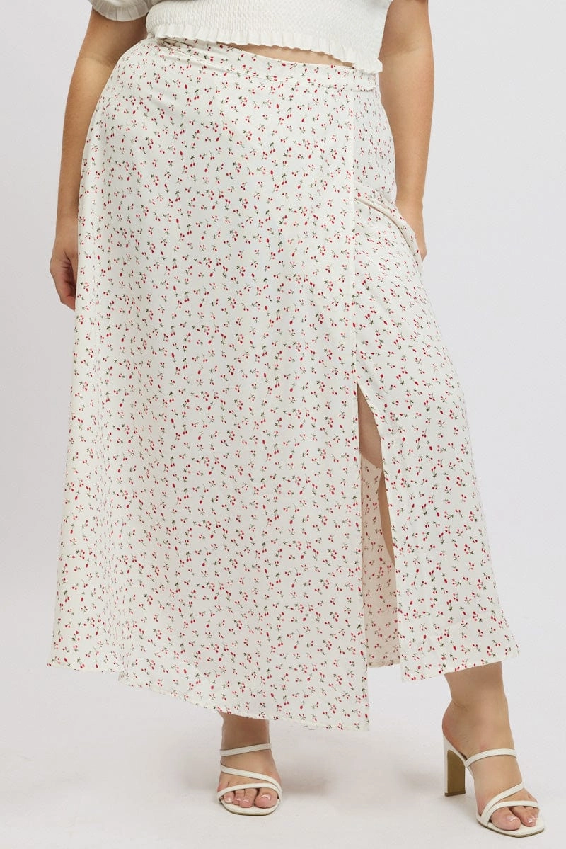 Red Ditsy Wrap Maxi Skirt Wrinkle Resistant Finish