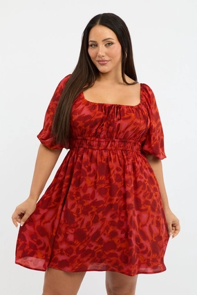 Red Floral Scoop Neck Tie Front Gather Minidress Radiant Mood Feminine Comfort