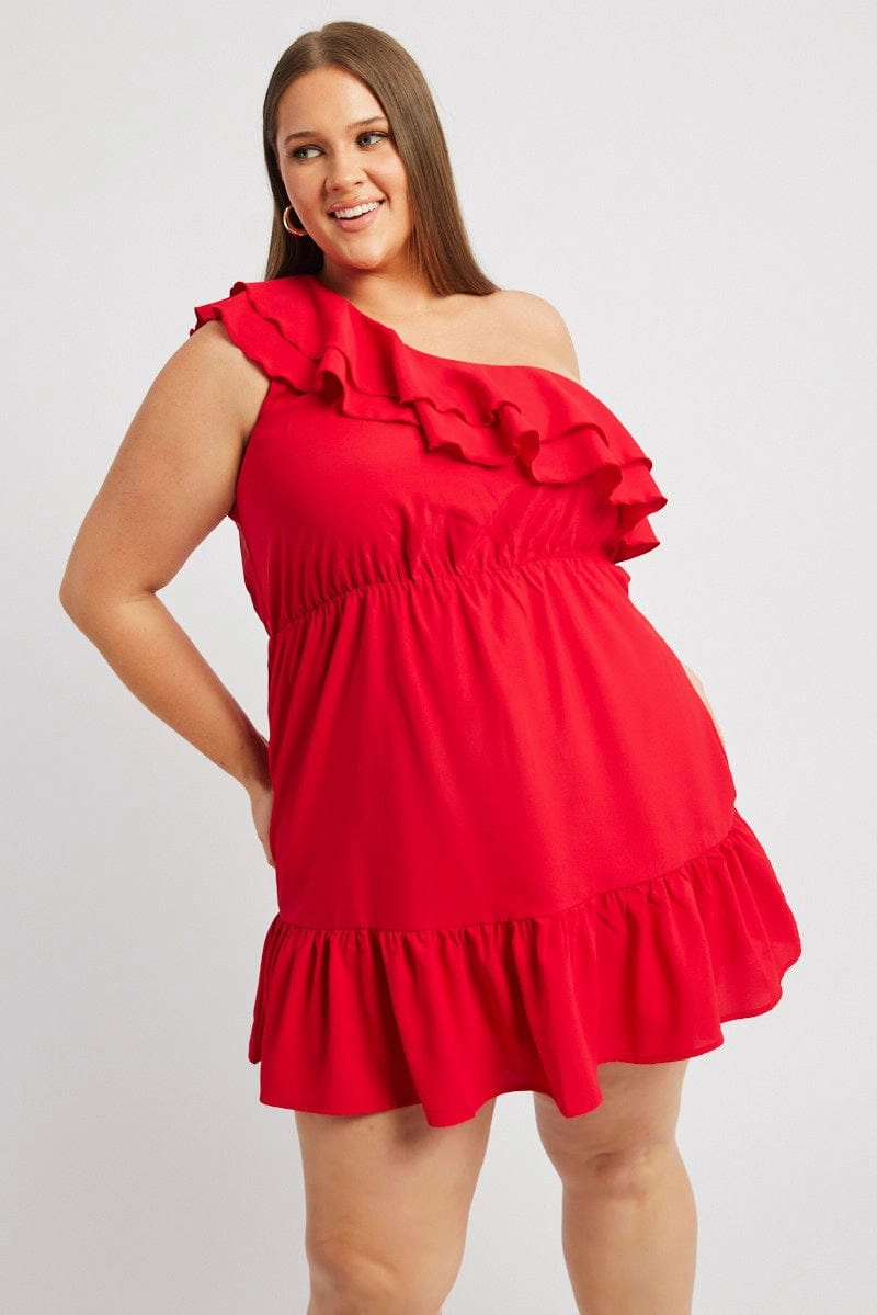 Red Frill One Shoulder Minidress Eco-friendly