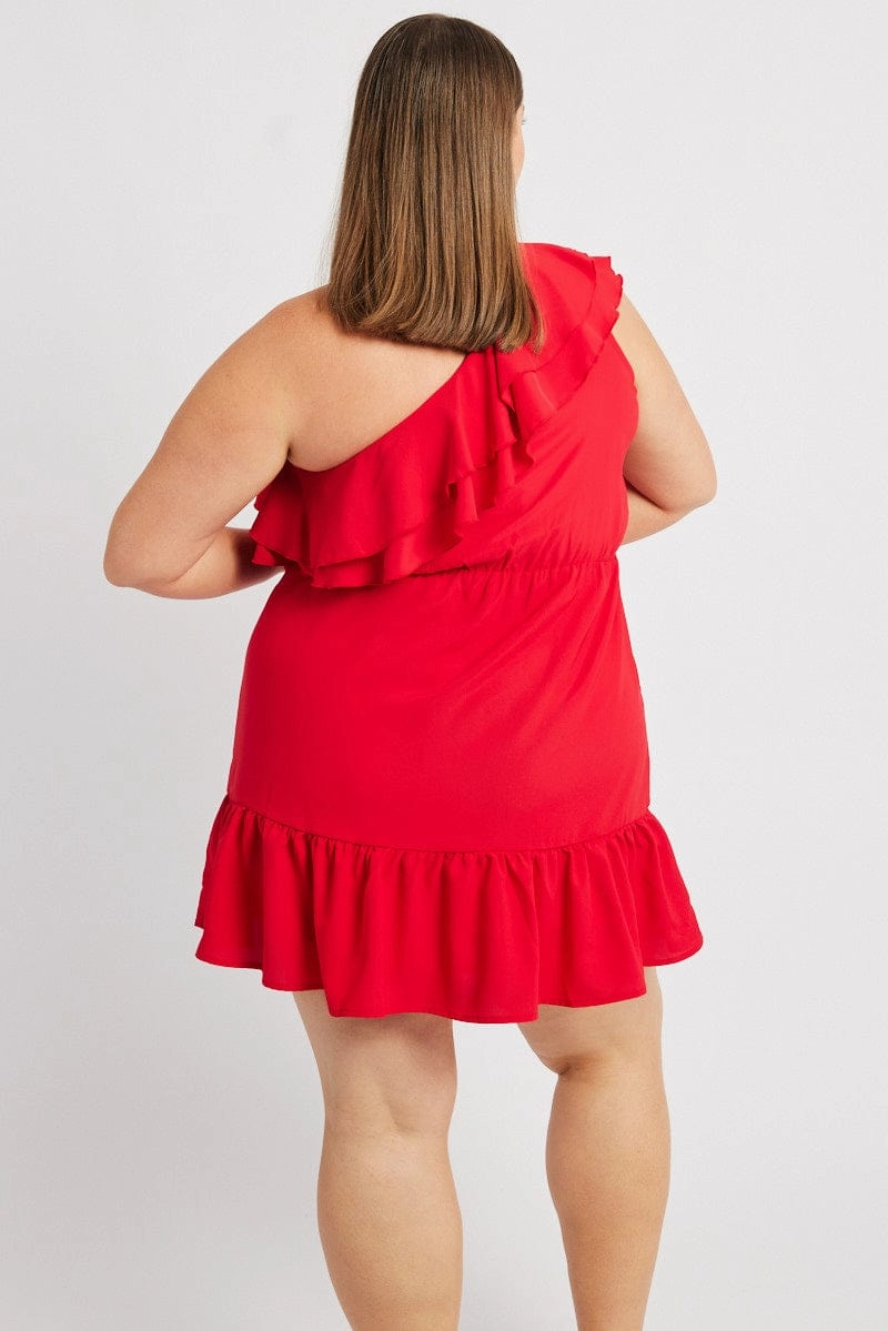 Red Frill One Shoulder Minidress Brunch Fit