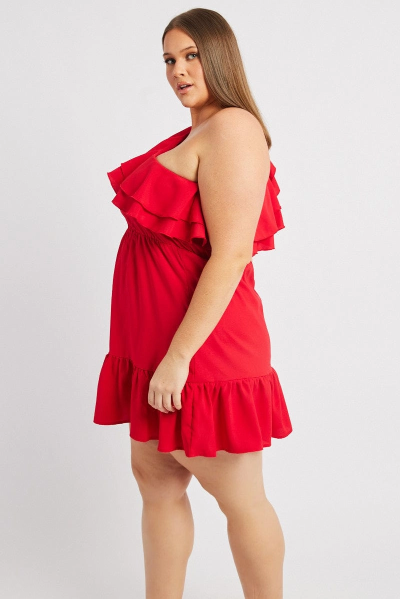 Cool Layers Travel Edge Red Frill One Shoulder Minidress