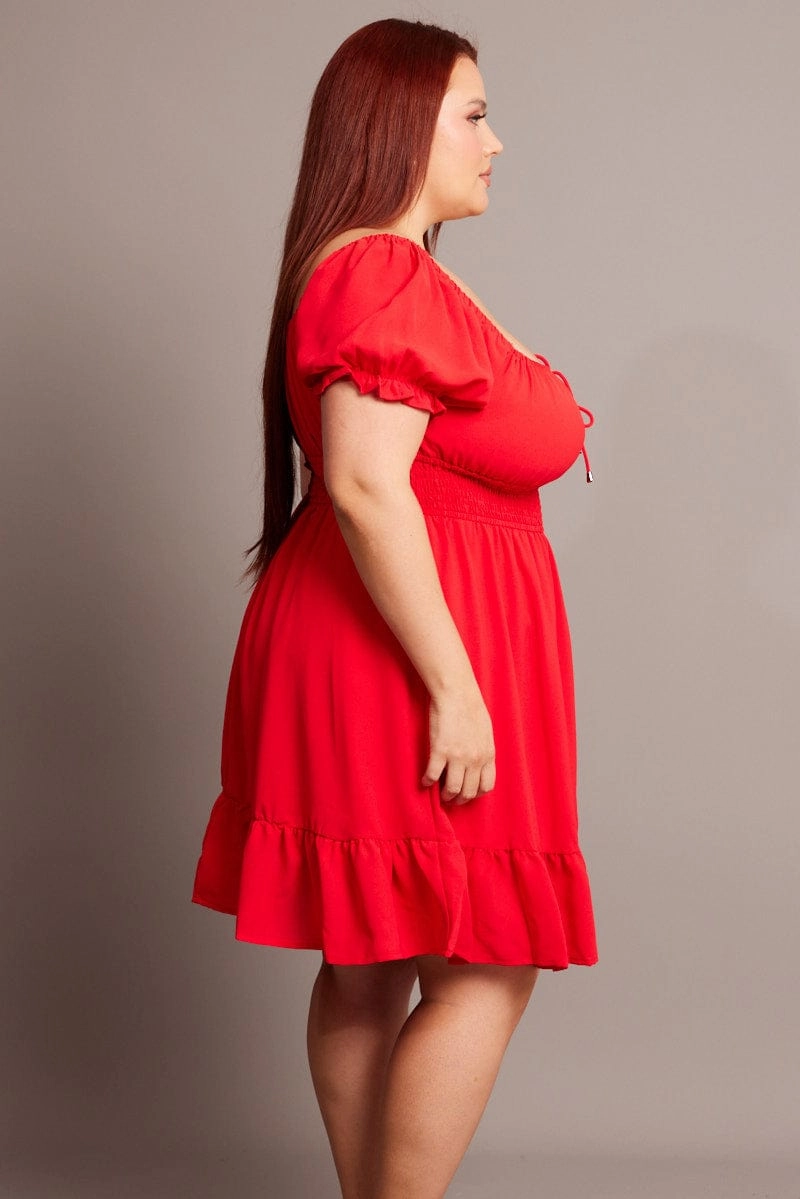 Clean Stitch Light Weave Red Gathered Bust Tie Front Shirred Waist Minidress