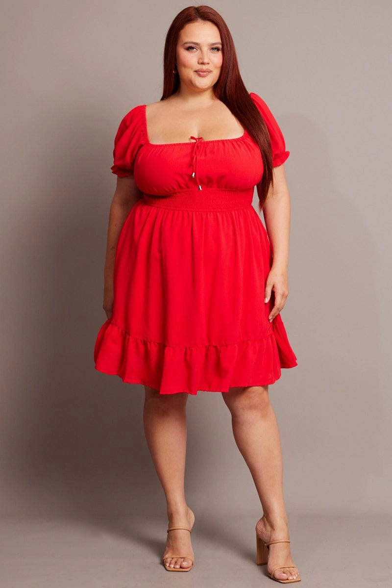 Flow Sleeve Red Gathered Bust Tie Front Shirred Waist Minidress