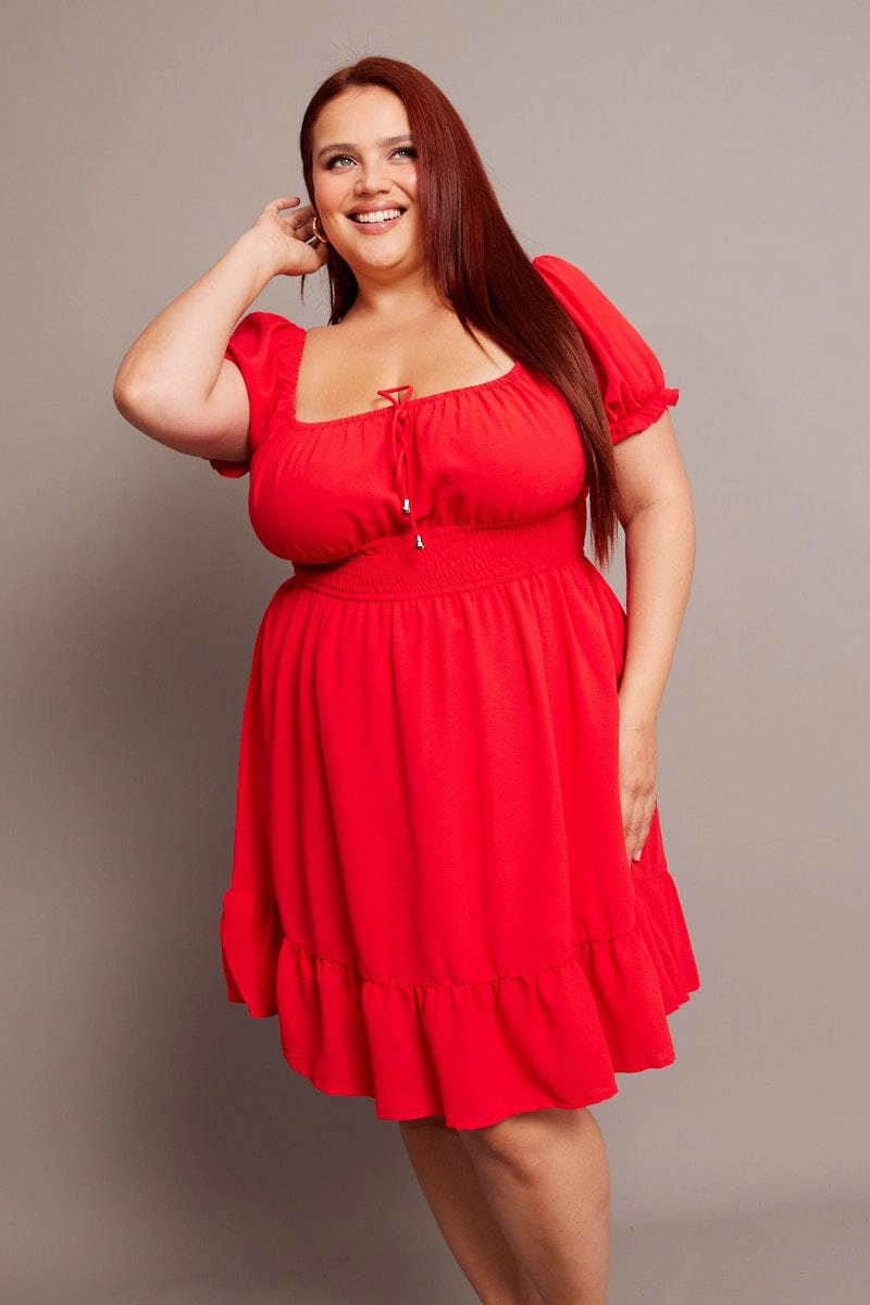 Red Gathered Bust Tie Front Shirred Waist Minidress Casual event dress