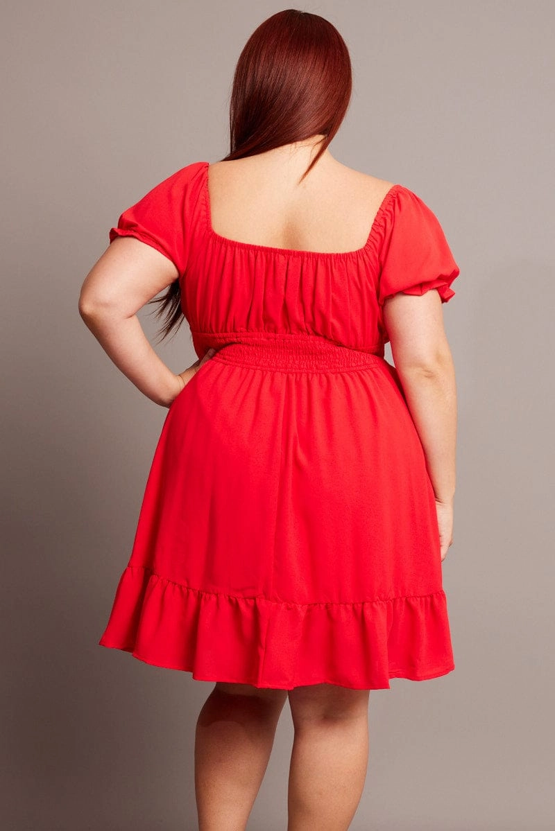 Red Gathered Bust Tie Front Shirred Waist Minidress Refined Finish Casual Waist
