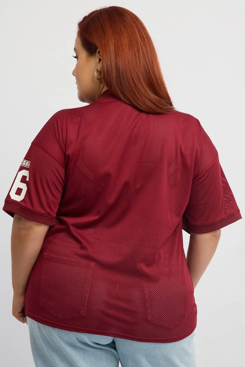 Red Graphic T-shirt Short Sleeve Collared Neck Anti Pilling Finish Unique Design