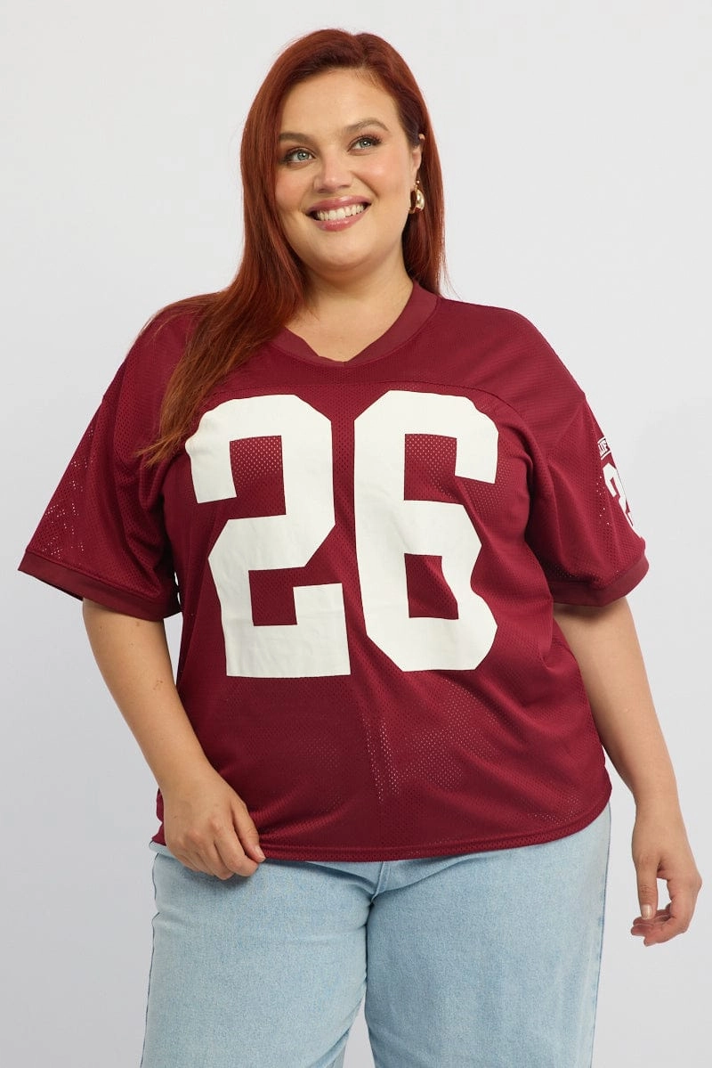 Layered Sleeve Construction Red Graphic T-shirt Short Sleeve Collared Neck