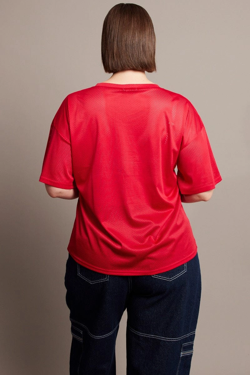 Casual Look Wear Stain Resistant Red Graphic T-shirt Short Sleeve V-Neck Oversized