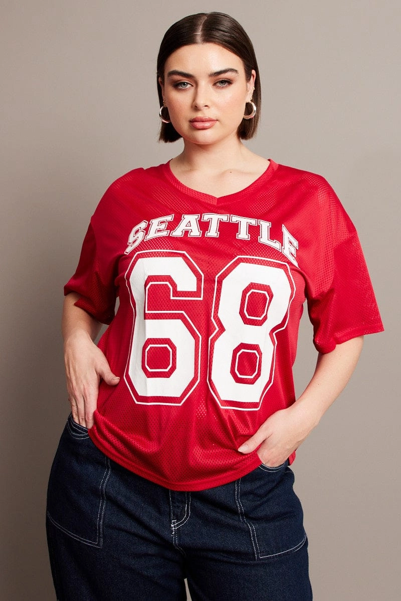 Casual Choice Red Graphic T-shirt Short Sleeve V-Neck Oversized