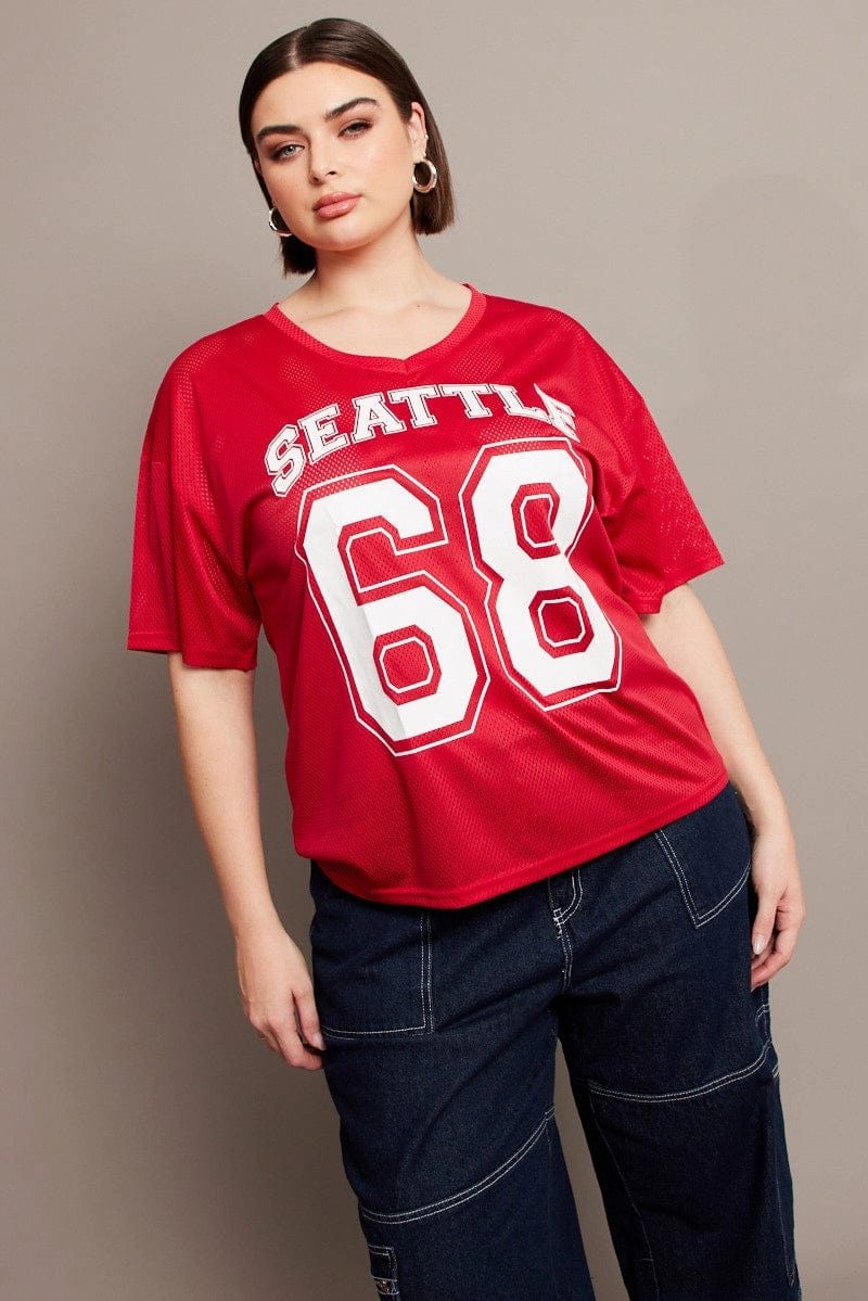 Red Graphic T-shirt Short Sleeve V-Neck Oversized Essential Comfort Basic Layer