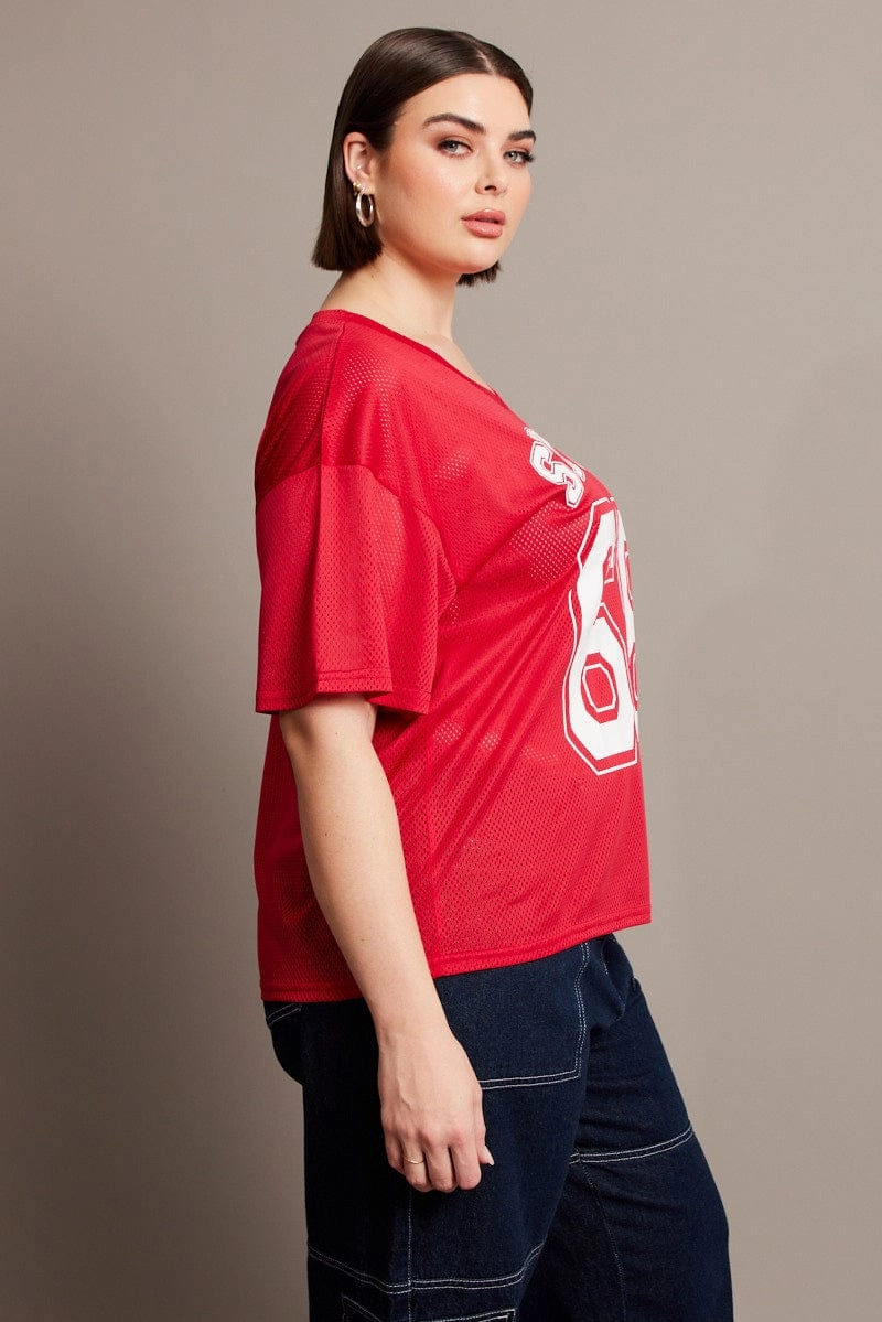 Red Graphic T-shirt Short Sleeve V-Neck Oversized Fresh Vibes