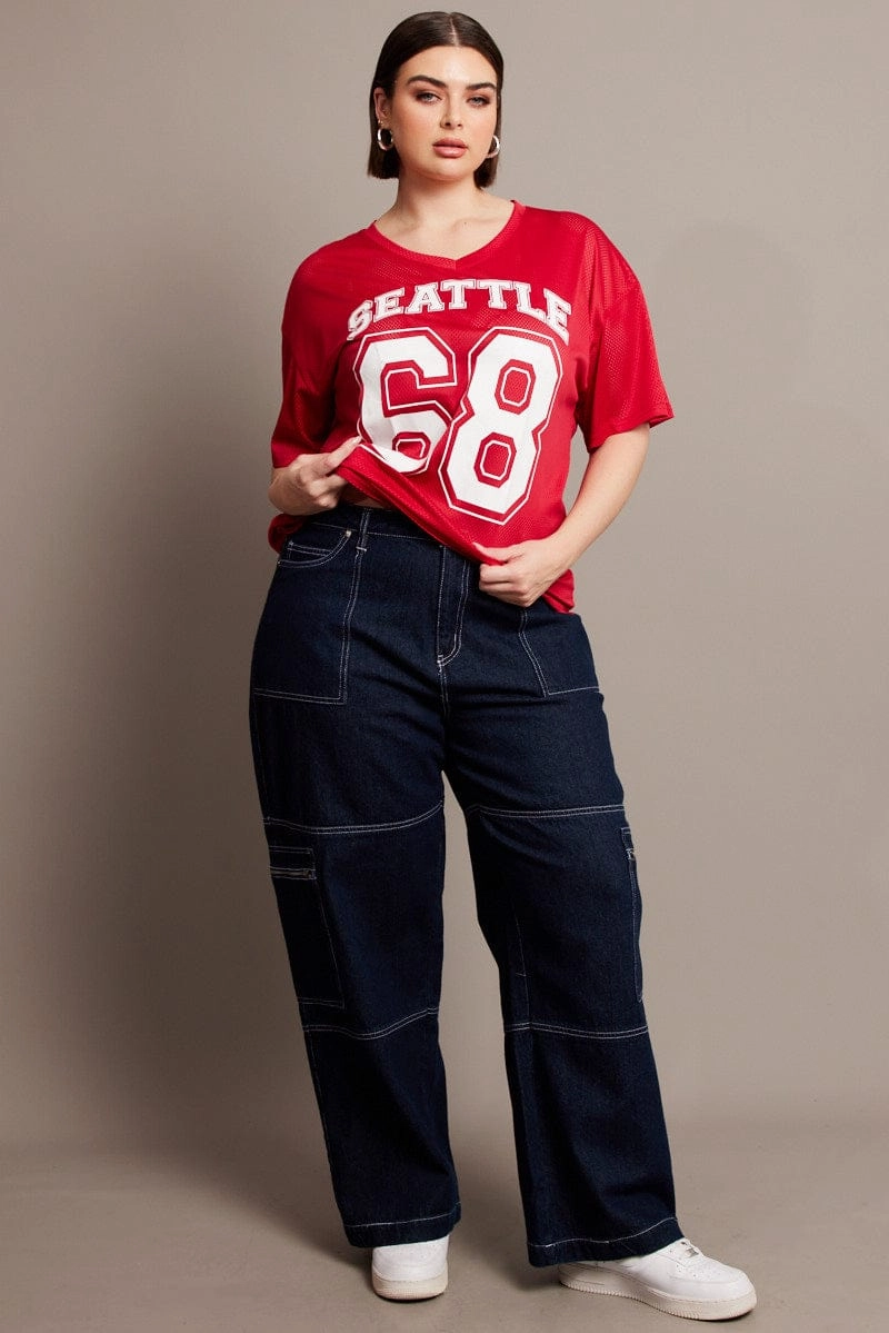 Red Graphic T-shirt Short Sleeve V-Neck Oversized Casual Flex Wear