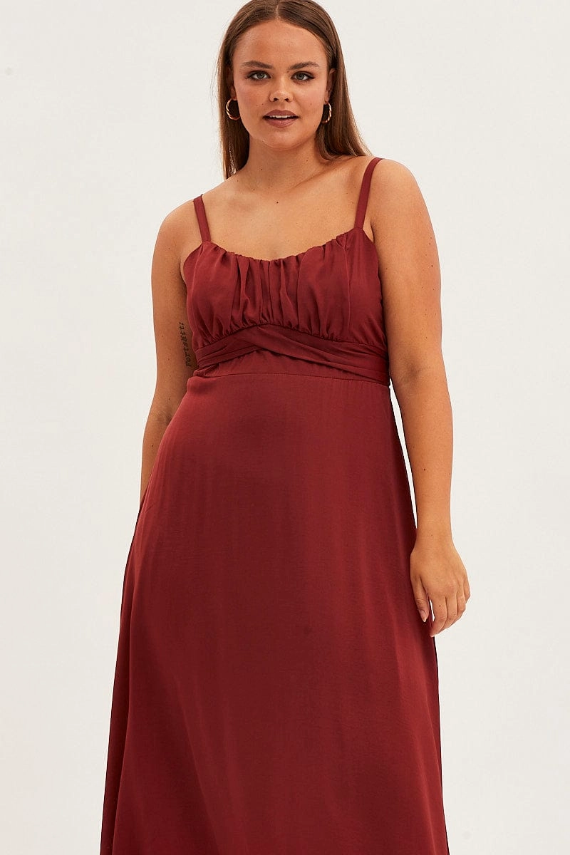 Luxe Wear Statement Neck Red Midi Dress Shoestring Strap Tie Back Satin