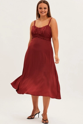 Office Fit Soft Draping Red Midi Dress Shoestring Strap Tie Back Satin