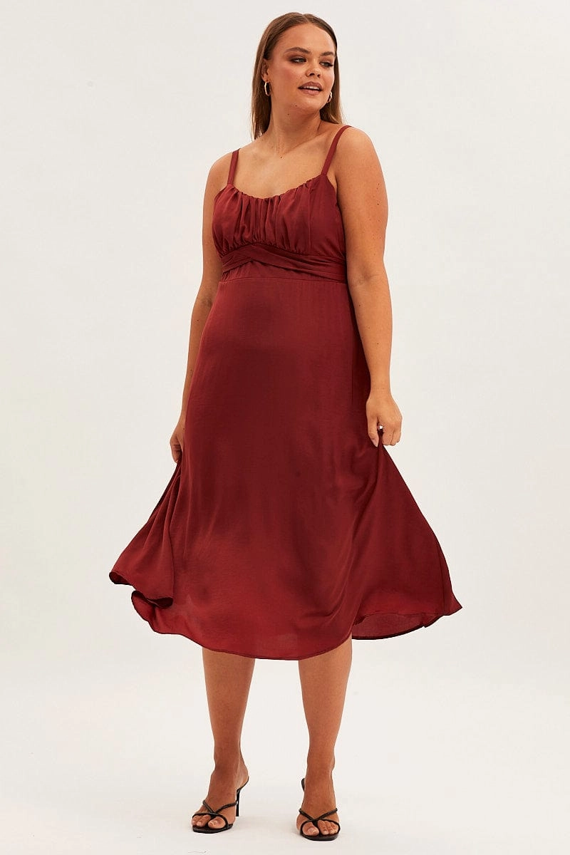 Pleated-Skirt Red Midi Dress Shoestring Strap Tie Back Satin