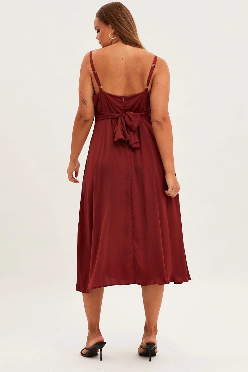 Red Midi Dress Shoestring Strap Tie Back Satin Daily Essential