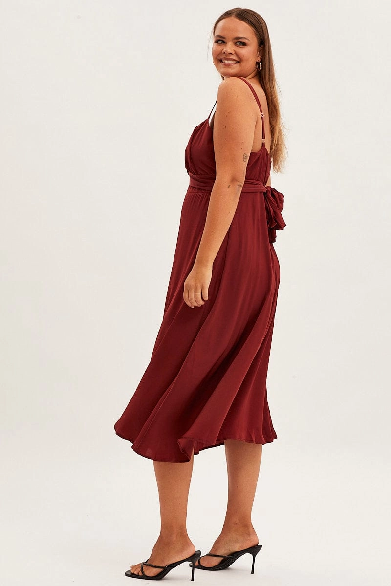 Japan Cool Bloom Zone Red Midi Dress Shoestring Strap Tie Back Satin
