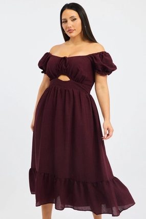 Red Midi Dress Short Sleeve Cut Out Tiered Draped Layer Wedding guest