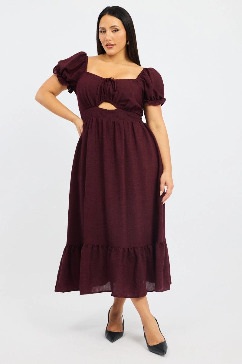 Light Volume Luxe Fabric Red Midi Dress Short Sleeve Cut Out Tiered