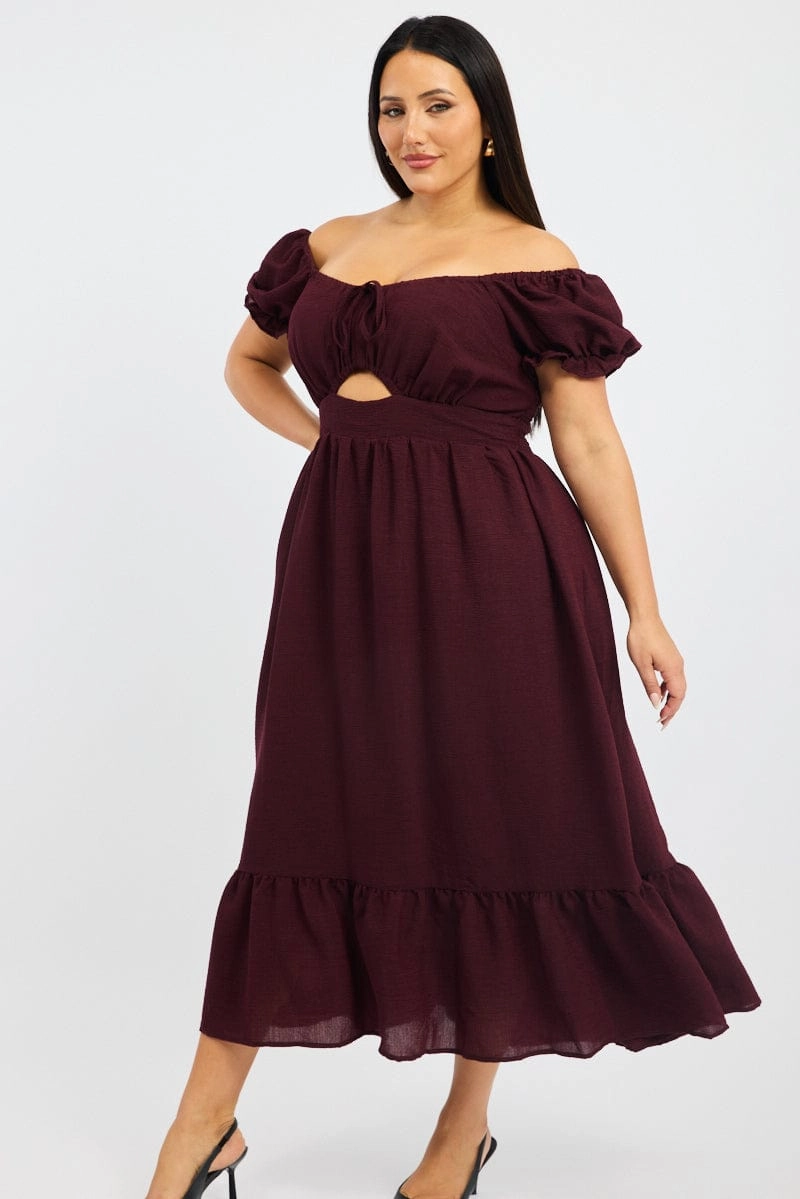 Softly Structured Red Midi Dress Short Sleeve Cut Out Tiered
