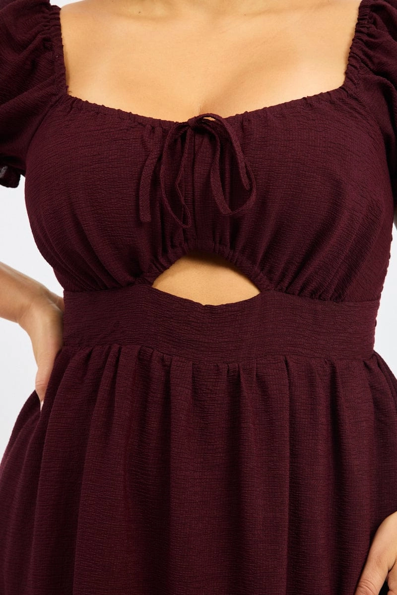 Red Midi Dress Short Sleeve Cut Out Tiered Comfortable Waist Cool Tone