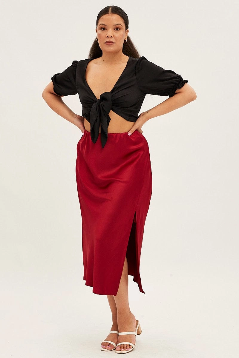Breathable Timeless Piece Red Midi Skirt Satin Split Flare