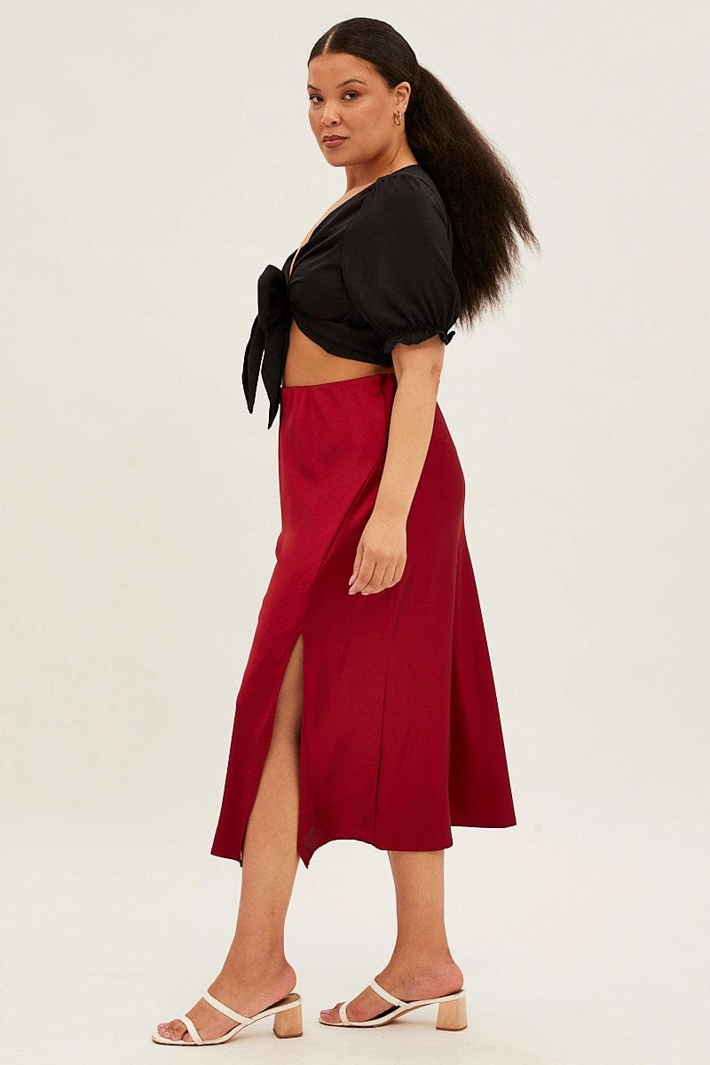 Erasable Crease Stretch Material Red Midi Skirt Satin Split Flare