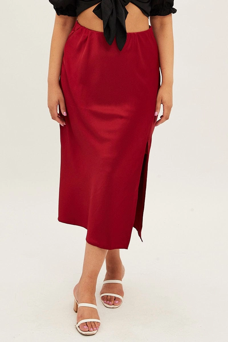 Red Midi Skirt Satin Split Flare Classic Touch Outfit Combo