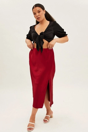 Red Midi Skirt Satin Split Flare Reinforced Hemline Natural Mood