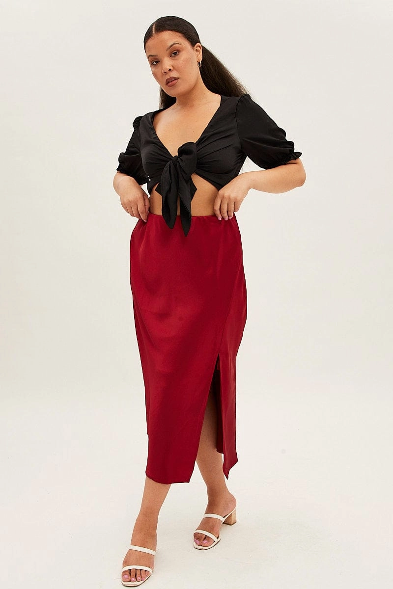 Red Midi Skirt Satin Split Flare Reinforced Hemline Natural Mood