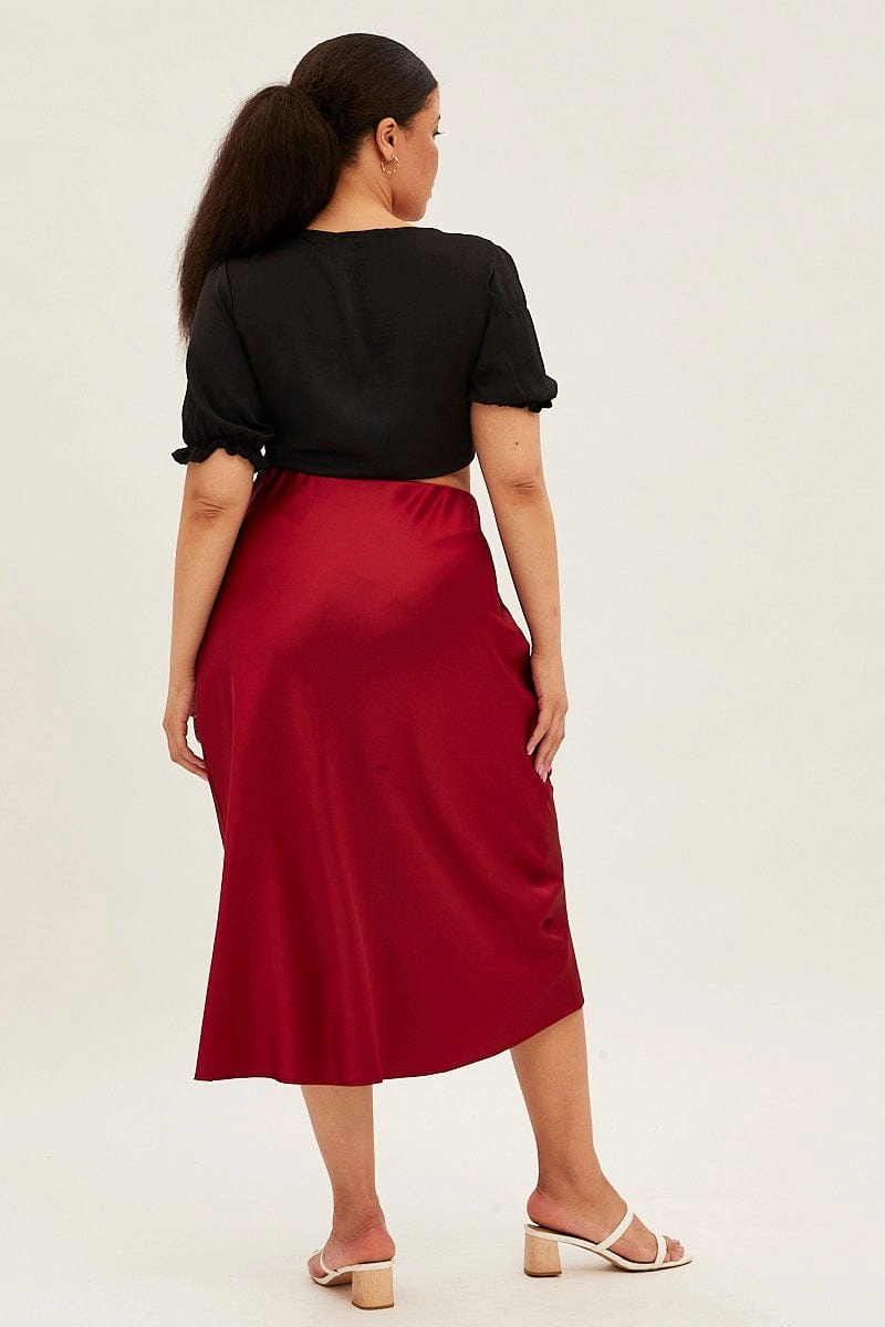 Red Midi Skirt Satin Split Flare Earth Tones