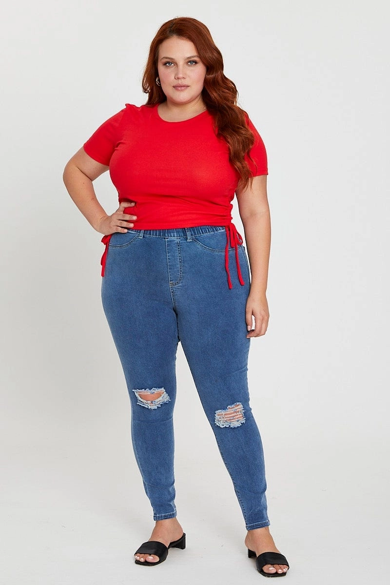 Easygoing Wear Red Short Sleeve Green Jersey Drawstring Side Top