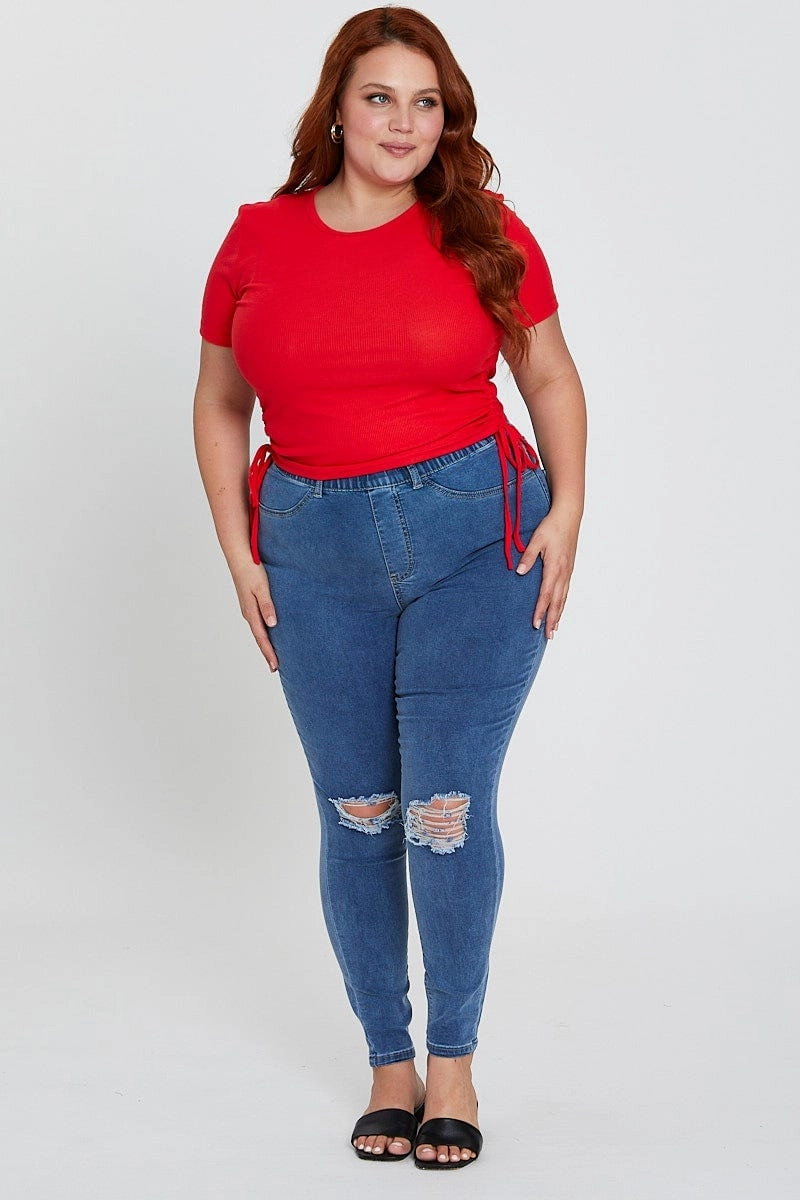 Cozy Layer Slim Fit Design Red Short Sleeve Green Jersey Drawstring Side Top