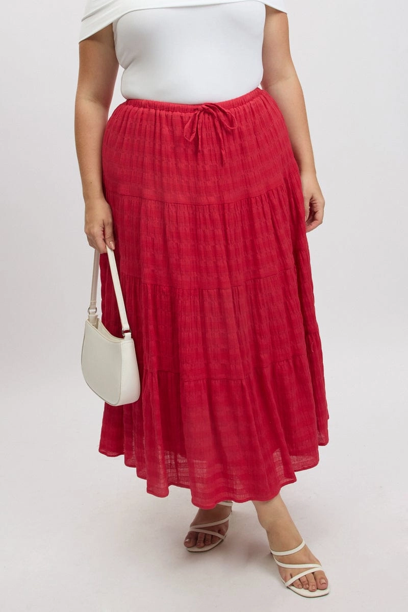Red Textured Tiered Maxiskirt Asymmetrical Cut Glamorous Appeal