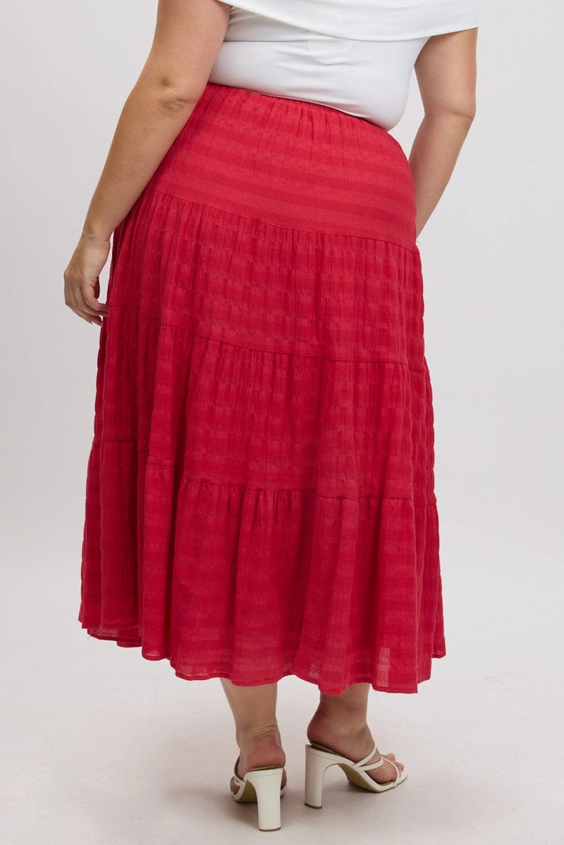 Red Textured Tiered Maxiskirt Adjustable Fastening