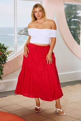Red Textured Tiered Maxiskirt Slow Fashion Geometric Print