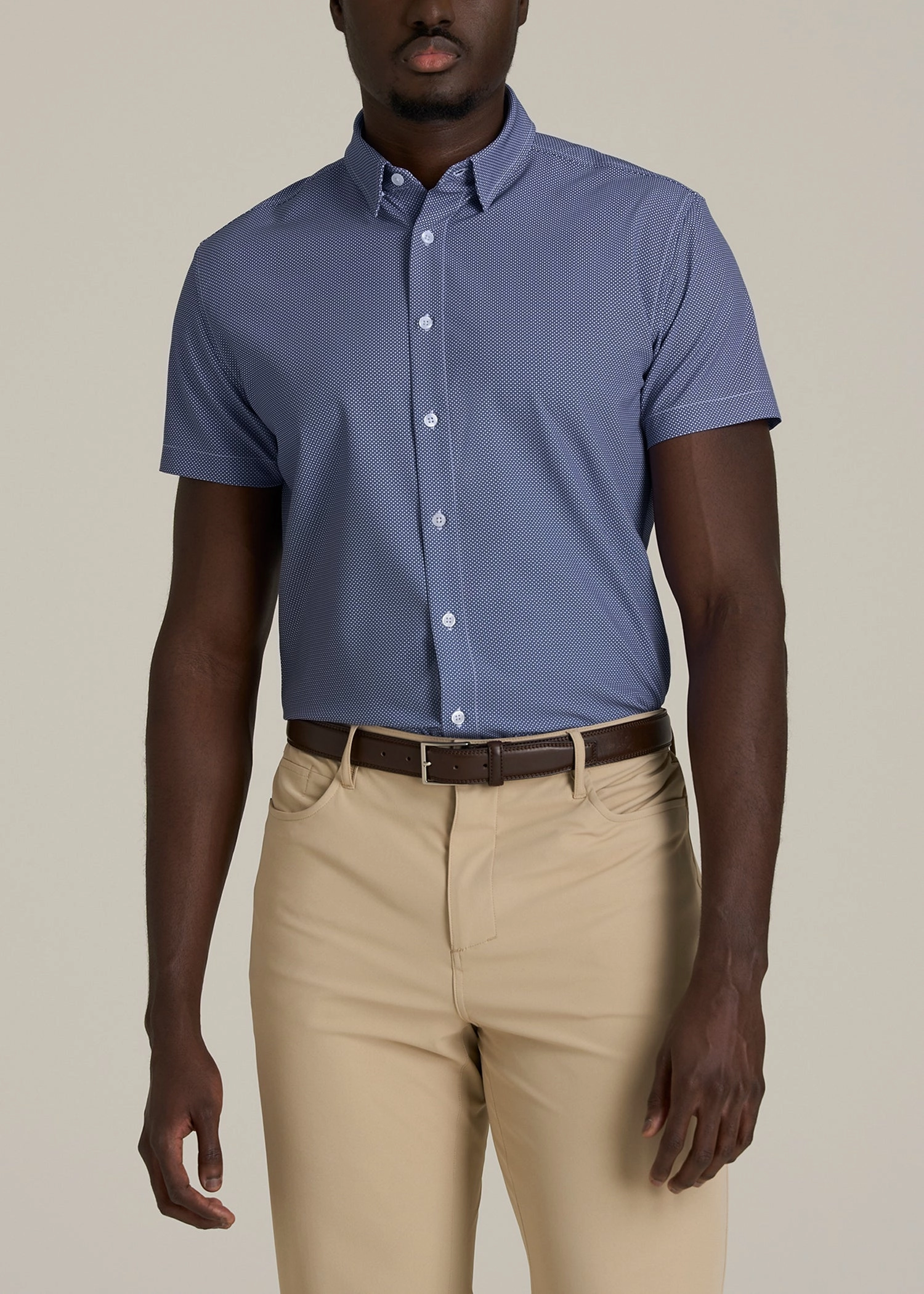 Buttery Soft Handfeel Short Sleeve Traveler Stretch Button Shirt for Tall Men in Royal Blue Geometric