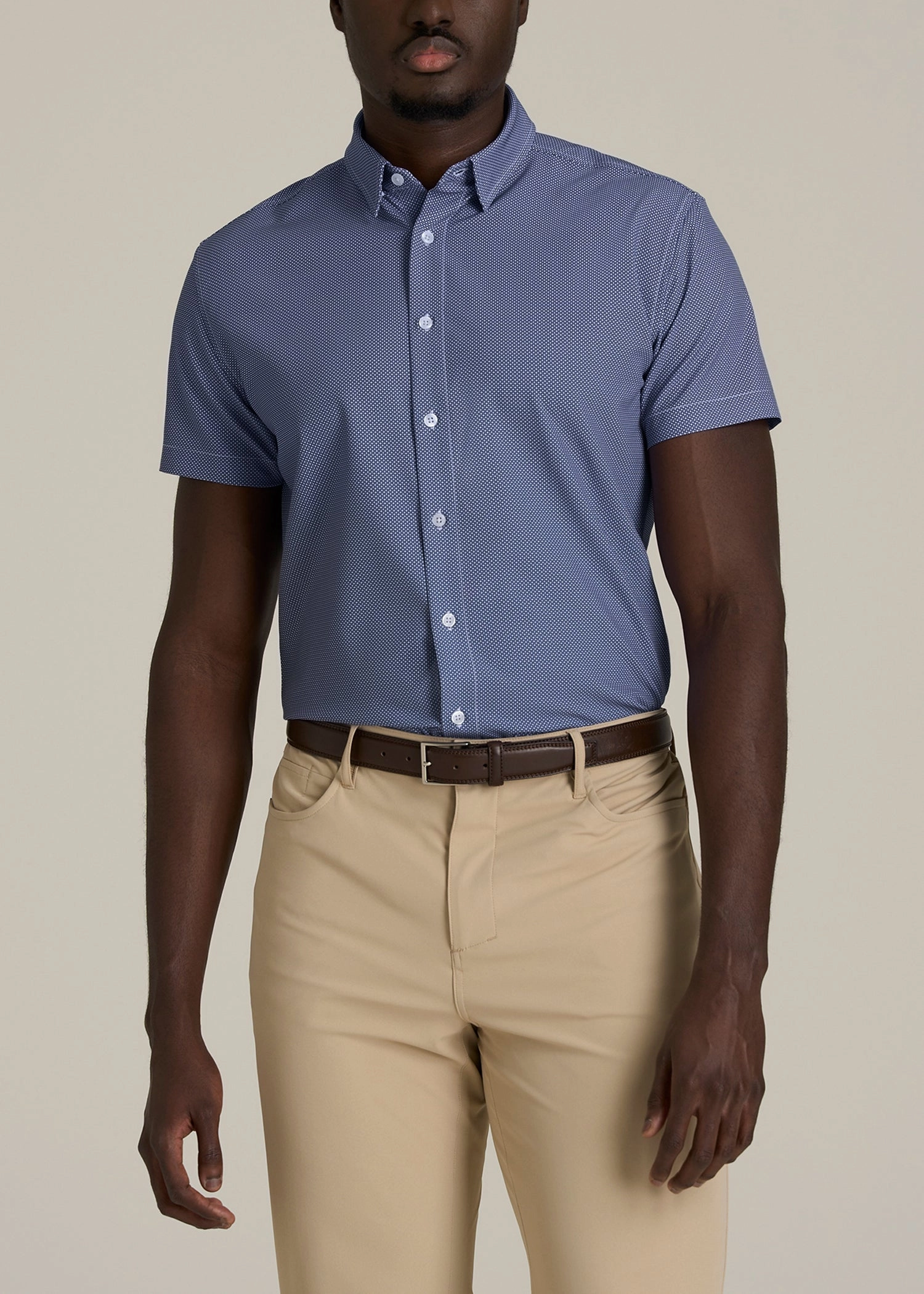Short Sleeve Traveler Stretch Button Shirt for Tall Men in Royal Blue Geometric QuickPackFoldableDesign