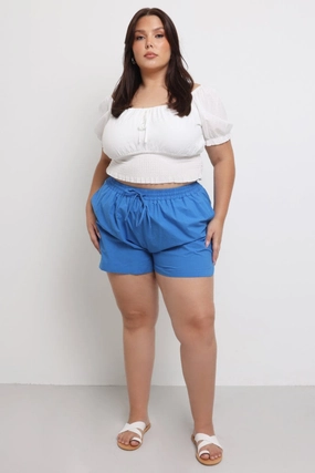 Blue Cotton Curve Hem Shorts Breathable mesh lining