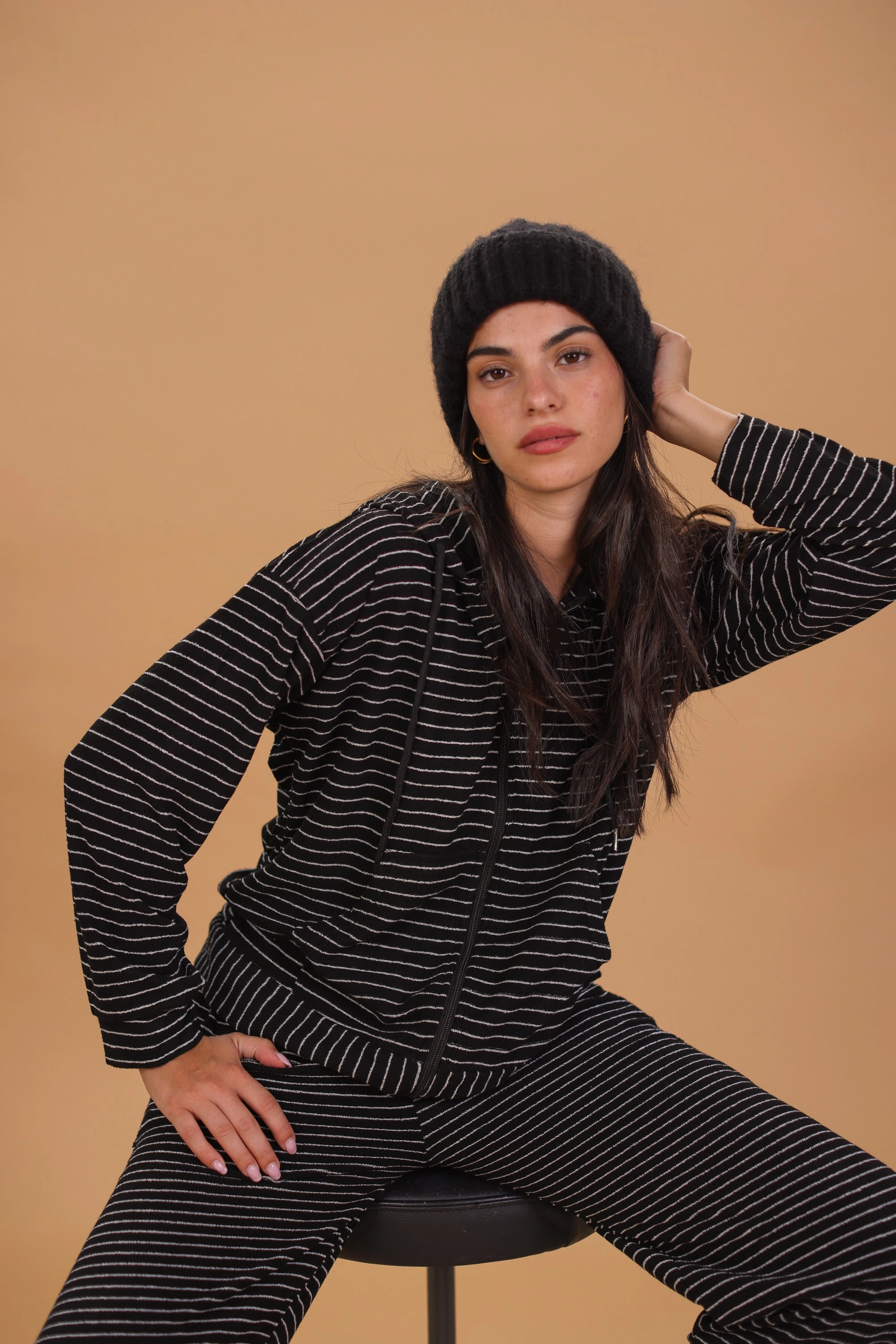 Hooded Cardigan Lorra Black Stripes nylon blend