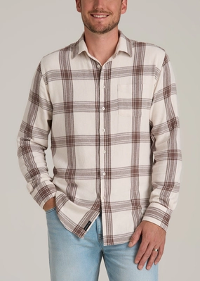 High Neck Design Loose cut Nelson Flannel Shirt for Tall Men in Beige Plaid