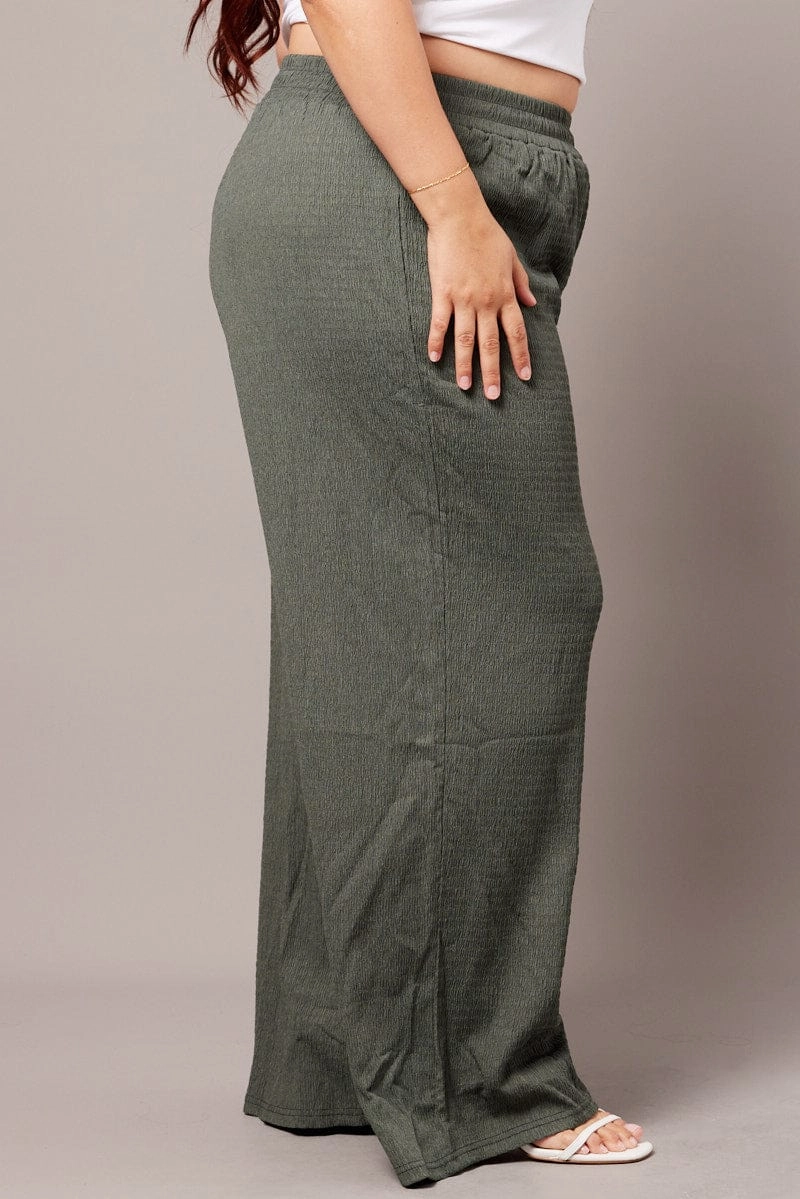 Green Wide Leg Pants Elasticated Waist Anti Slip Waistband