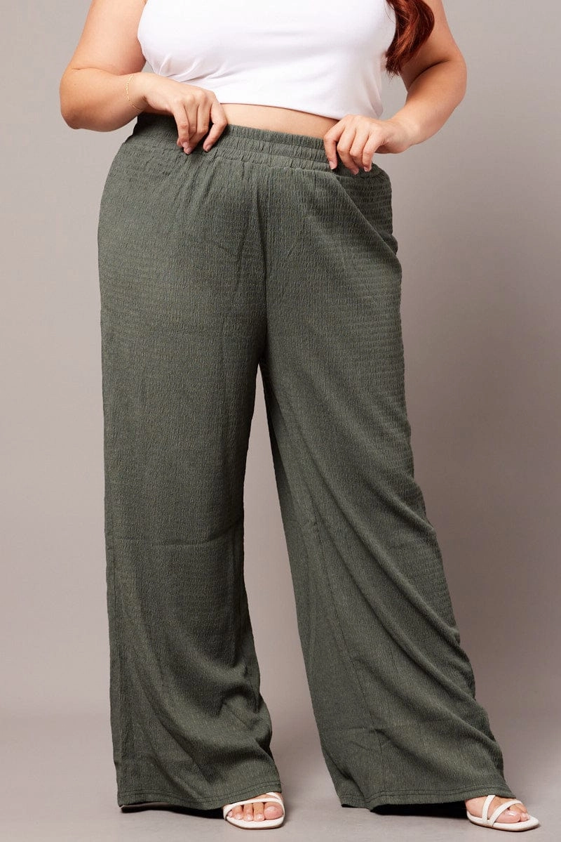 Green Wide Leg Pants Elasticated Waist Static free