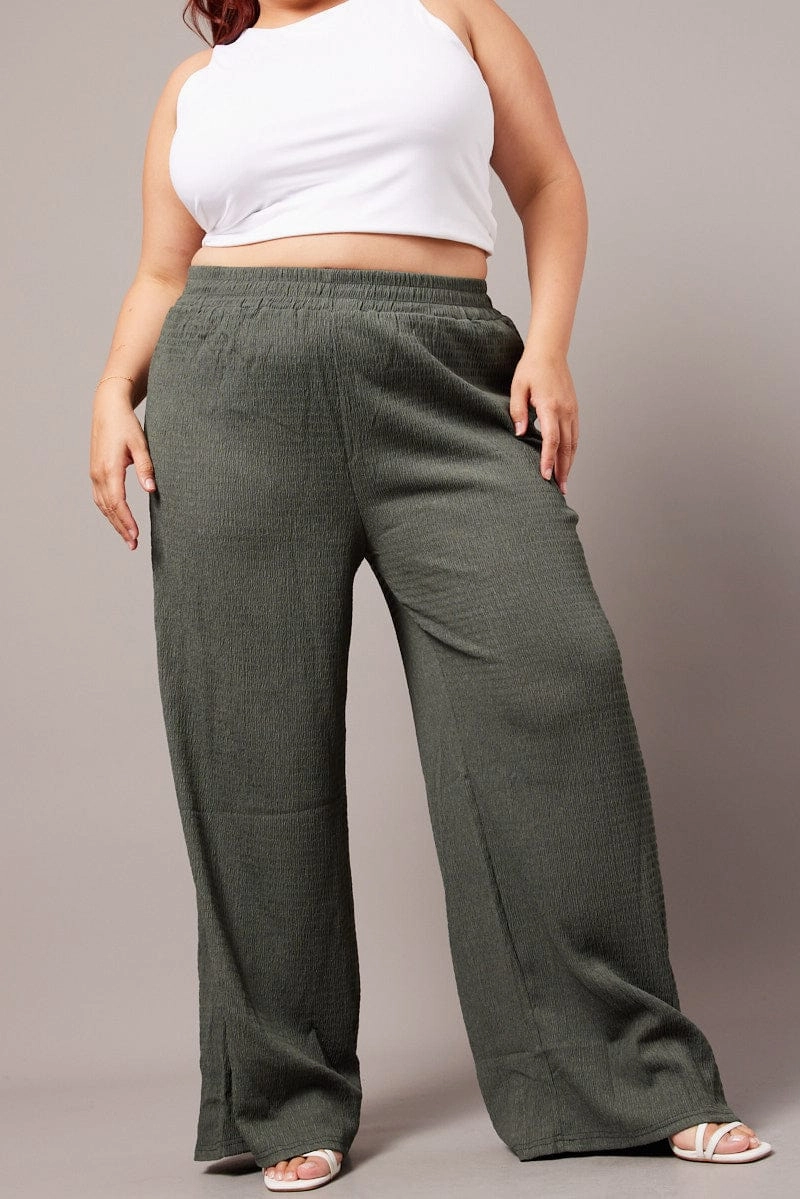 Compact Storage Everyday Comfort Fit Green Wide Leg Pants Elasticated Waist