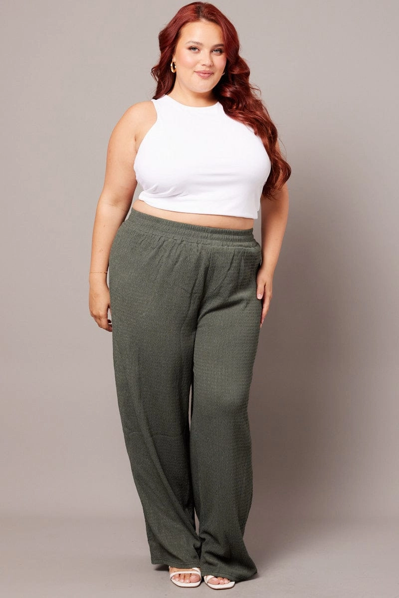 Green Wide Leg Pants Elasticated Waist Functional fashion wear