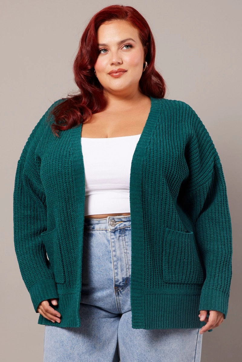 Green Knit Cardigan Longline Chenille All Ground